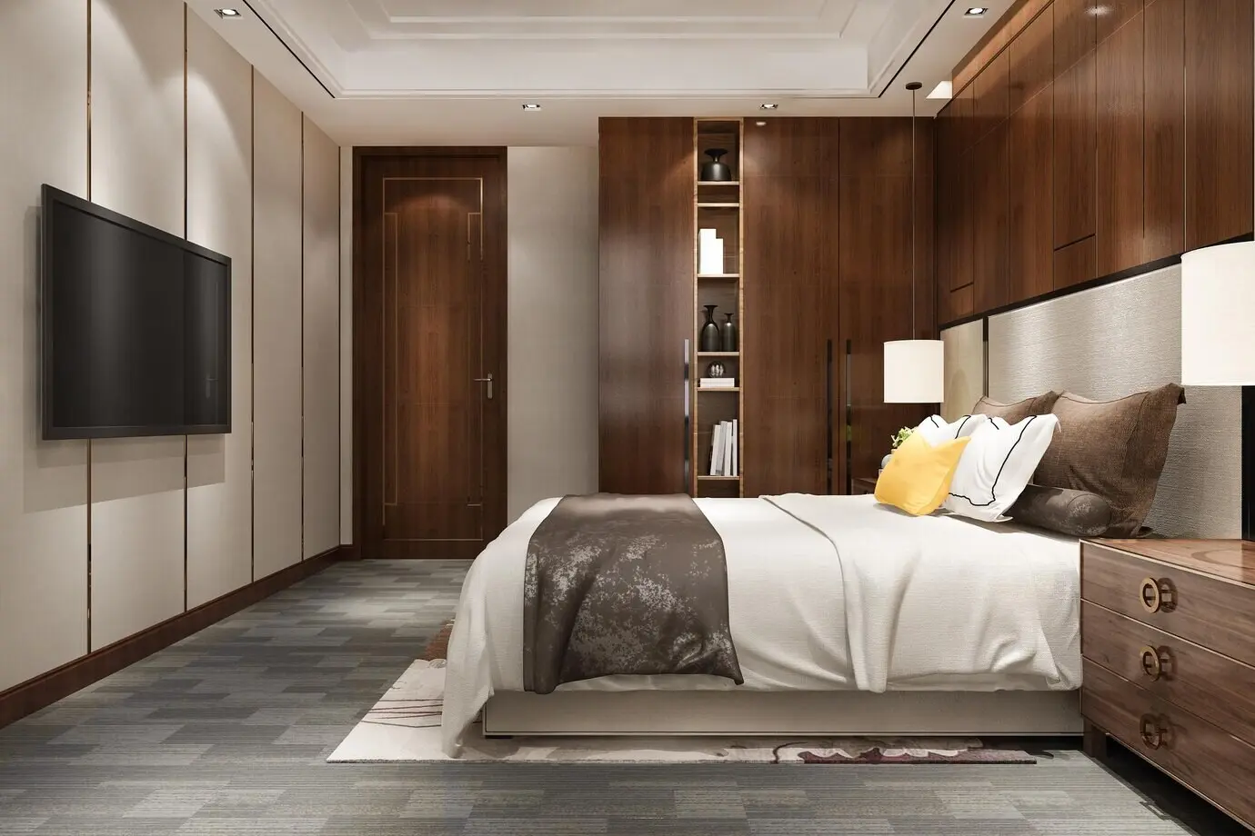 3D-Rendering einer luxuriösen Schlafzimmer-Suite in einem Hotel mit Fernseher, Schrank und Kleiderschrank.